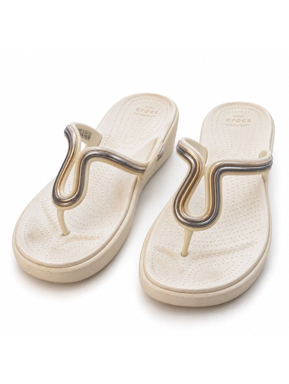Crocs Sanrah Liquid Metallic Wedge Flip Sandals Women’s Size 10 White